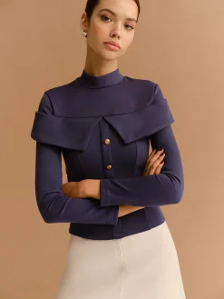 Mock Neck Metal-Detail Jersey Top T-shirts|Tops