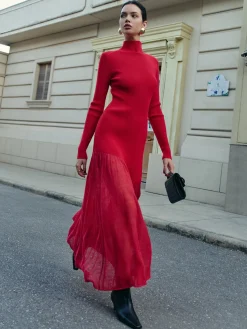 Clearance Mock Neck  Pleated Panel Sweater Dress Sweater Dresses|Work Dresses