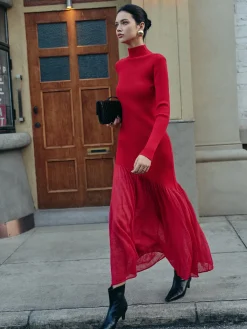 Clearance Mock Neck  Pleated Panel Sweater Dress Sweater Dresses|Work Dresses