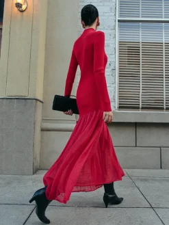 Clearance Mock Neck  Pleated Panel Sweater Dress Sweater Dresses|Work Dresses