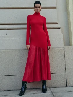 Clearance Mock Neck  Pleated Panel Sweater Dress Sweater Dresses|Work Dresses