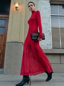 Clearance Mock Neck  Pleated Panel Sweater Dress Sweater Dresses|Work Dresses