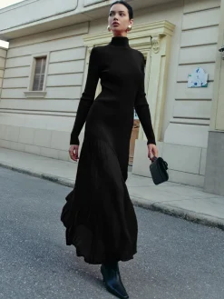 Clearance Mock Neck  Pleated Panel Sweater Dress Sweater Dresses|Work Dresses
