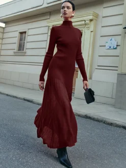 Clearance Mock Neck  Pleated Panel Sweater Dress Sweater Dresses|Work Dresses