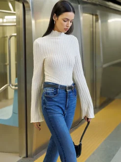 Outlet Mock Neck Plisse Skinny T-Shirt T-shirts|Tops