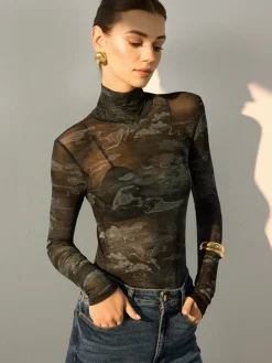 Outlet Mock Neck Printed Semi-Sheer Blouse Blouses & Shirts|Tops