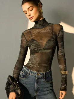 Outlet Mock Neck Printed Semi-Sheer Blouse Blouses & Shirts|Tops