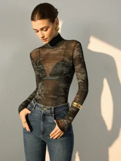 Outlet Mock Neck Printed Semi-Sheer Blouse Blouses & Shirts|Tops