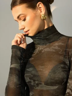 New Mock Neck Printed Semi-Sheer Blouse Blouses & Shirts|Tops
