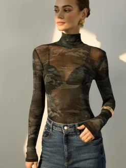 New Mock Neck Printed Semi-Sheer Blouse Blouses & Shirts|Tops