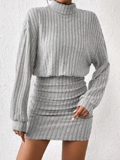Best Mock Neck Ribbed Short Dress Black Dresses|Casual Dresses