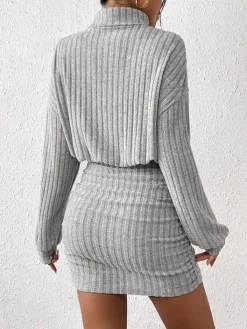 Outlet Mock Neck Ribbed Short Dress Casual Dresses|Work Dresses