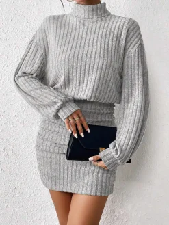Outlet Mock Neck Ribbed Short Dress Casual Dresses|Work Dresses