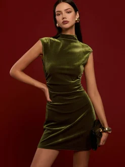 Hot Mock Neck Sleeveless Satin Dress Black Dresses|Casual Dresses