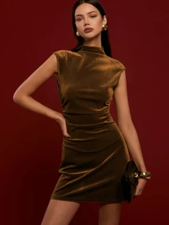 Hot Mock Neck Sleeveless Satin Dress Black Dresses|Casual Dresses