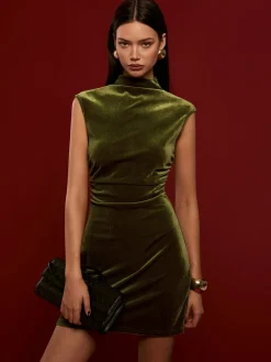 Hot Mock Neck Sleeveless Satin Dress Black Dresses|Casual Dresses
