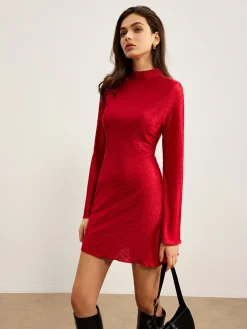 Mock Neck Textu Dress Black Dresses|Casual Dresses