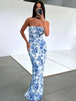 Discount Multi Floral Split Long Dress Casual Dresses|Floral Dresses