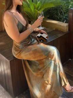 Outlet Neptune Satin Open Back Long Dress Casual Dresses|Summer Dresses