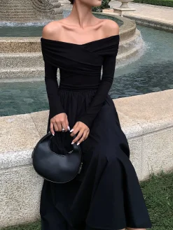 Best Off Shoulder Criss Cross Long Dress Casual Dresses|Cocktail & Party Dresses