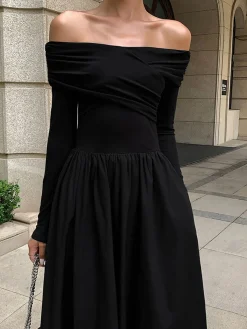Best Off Shoulder Criss Cross Long Dress Casual Dresses|Cocktail & Party Dresses