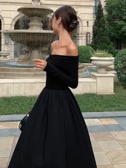 Best Off Shoulder Criss Cross Long Dress Casual Dresses|Cocktail & Party Dresses