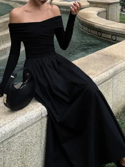 Best Off Shoulder Criss Cross Long Dress Casual Dresses|Cocktail & Party Dresses