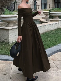Best Off Shoulder Criss Cross Long Dress Casual Dresses|Cocktail & Party Dresses