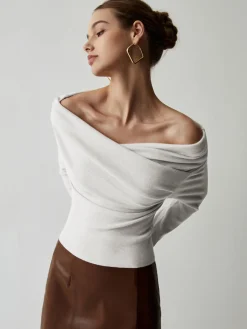 Discount Off Shoulder Wrap Long Sleeve Knit Top Sweater Tops|Sweaters & Cardigans