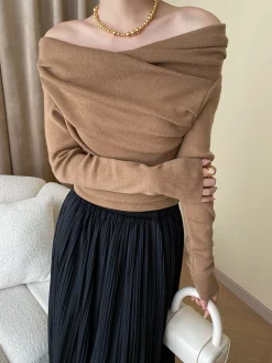 Hot Off Shoulder Wrap Long Sleeve Knit Top Sweater Tops|Sweaters & Cardigans