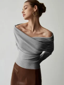 Hot Off Shoulder Wrap Long Sleeve Knit Top Sweater Tops|Sweaters & Cardigans