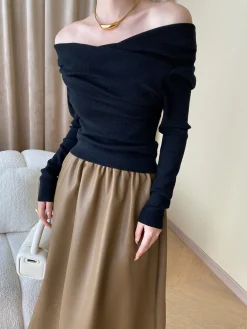 Hot Off Shoulder Wrap Long Sleeve Knit Top Sweater Tops|Sweaters & Cardigans