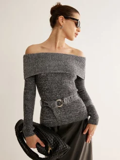 Hot Off-Shoulder Belted Sweater Sweater Tops|Sweaters & Cardigans