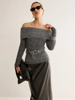 Hot Off-Shoulder Belted Sweater Sweater Tops|Sweaters & Cardigans