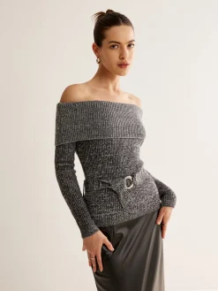 Hot Off-Shoulder Belted Sweater Sweater Tops|Sweaters & Cardigans