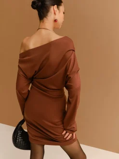 Clearance Off-Shoulder Pleated Jersey Short Dress Casual Dresses|Work Dresses