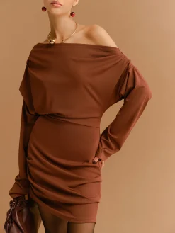 Hot Off-Shoulder Pleated Jersey Short Dress Casual Dresses|Work Dresses