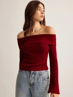 Clearance Off-Shoulder Ribbed Slim Top T-shirts|Tops