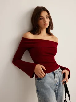 Discount Off-Shoulder Ribbed Slim Top T-shirts|Tops