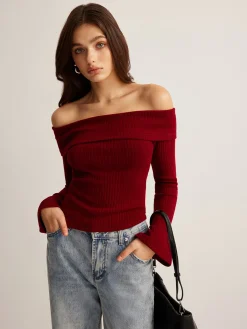 Discount Off-Shoulder Ribbed Slim Top T-shirts|Tops