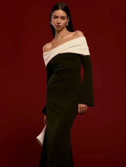 New Off-Shoulder Ruched Bell-Sleeve Dress Black Dresses|Casual Dresses