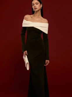 Discount Off-Shoulder Ruched Bell-Sleeve Dress Casual Dresses|Cocktail & Party Dresses