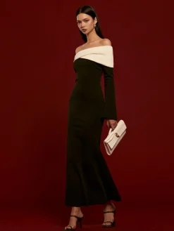 Discount Off-Shoulder Ruched Bell-Sleeve Dress Casual Dresses|Cocktail & Party Dresses
