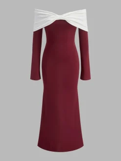 Discount Off-Shoulder Ruched Bell-Sleeve Dress Casual Dresses|Cocktail & Party Dresses