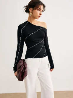 New One-Shoulder Contrast Piping Skinny Blouse Blouses & Shirts|Tops