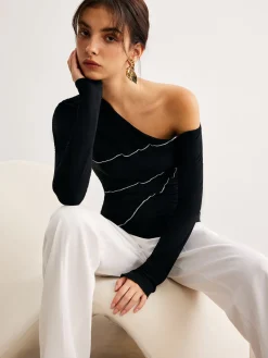 New One-Shoulder Contrast Piping Skinny Blouse Blouses & Shirts|Tops