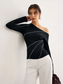New One-Shoulder Contrast Piping Skinny Blouse Blouses & Shirts|Tops