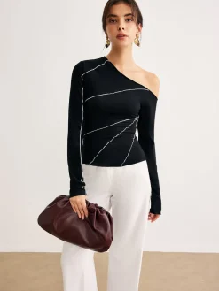 New One-Shoulder Contrast Piping Skinny Blouse Blouses & Shirts|Tops