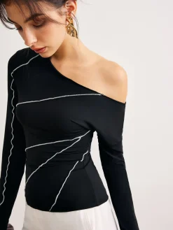 New One-Shoulder Contrast Piping Skinny Blouse Blouses & Shirts|Tops