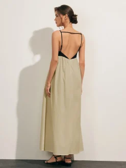 Discount Open Back Contrast Pocket Long Dress Casual Dresses|Vacation Dresses